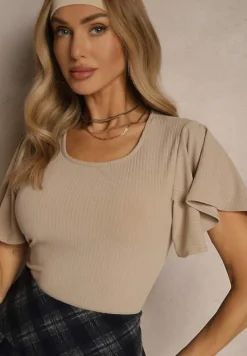 Ciemnobeżowa Bluzka z Rozkloszowanymi Rękawami Sunelva