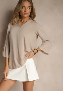 Ciemnobeżowa Bluzka z Wiskozy Ozdobiona Falbankami Ralivia