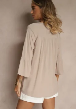 Ciemnobeżowa Bluzka z Wiskozy Ozdobiona Falbankami Ralivia