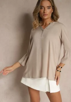 Ciemnobeżowa Bluzka z Wiskozy Ozdobiona Falbankami Ralivia