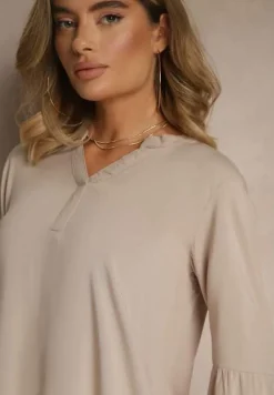 Ciemnobeżowa Bluzka z Wiskozy Ozdobiona Falbankami Ralivia