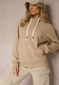 Ciemnobeżowa Casualowa Bluza z Dodatkiem Bawełny Kapturem i Ozdobnymi Sznurkami Feseraria