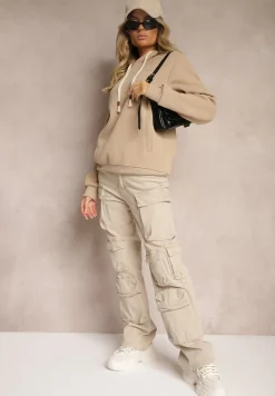 Ciemnobeżowa Casualowa Bluza z Dodatkiem Bawełny Kapturem i Ozdobnymi Sznurkami Feseraria