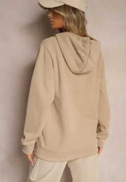 Ciemnobeżowa Casualowa Bluza z Dodatkiem Bawełny Kapturem i Ozdobnymi Sznurkami Feseraria