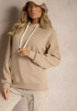 Ciemnobeżowa Casualowa Bluza z Dodatkiem Bawełny Kapturem i Ozdobnymi Sznurkami Feseraria