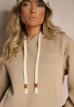 Ciemnobeżowa Casualowa Bluza z Dodatkiem Bawełny Kapturem i Ozdobnymi Sznurkami Feseraria