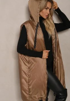 Ciemnobeżowa Długa Kamizelka o Prostym Kroju Zapinana na Suwak Nikiala