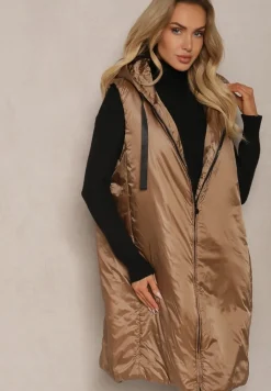 Ciemnobeżowa Długa Kamizelka o Prostym Kroju Zapinana na Suwak Nikiala