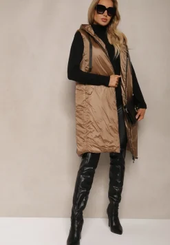 Ciemnobeżowa Długa Kamizelka o Prostym Kroju Zapinana na Suwak Nikiala