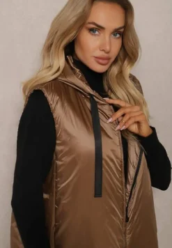 Ciemnobeżowa Długa Kamizelka o Prostym Kroju Zapinana na Suwak Nikiala