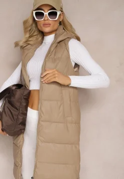 Ciemnobeżowa Długa Kamizelka z Pikowaniem i Obustronnym Suwakiem Wetessa