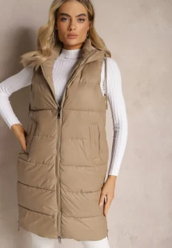 Ciemnobeżowa Długa Kamizelka z Pikowaniem i Obustronnym Suwakiem Wetessa