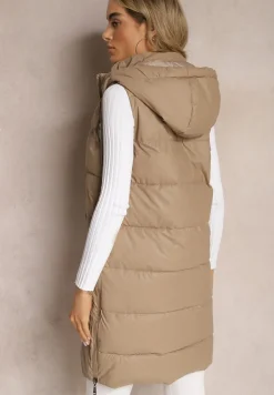 Ciemnobeżowa Długa Kamizelka z Pikowaniem i Obustronnym Suwakiem Wetessa