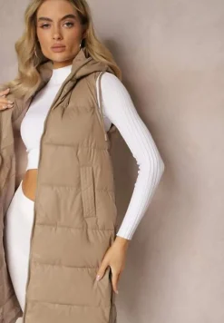 Ciemnobeżowa Długa Kamizelka z Pikowaniem i Obustronnym Suwakiem Wetessa