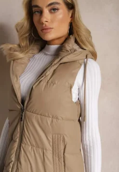 Ciemnobeżowa Długa Kamizelka z Pikowaniem i Obustronnym Suwakiem Wetessa