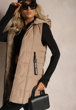 Ciemnobeżowa Długa Kamizelka Pikowana z Wysokim Kołnierzem i Kapturem Pansi