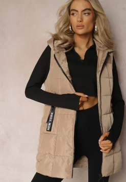 Ciemnobeżowa Długa Kamizelka Pikowana z Wysokim Kołnierzem i Kapturem Pansi