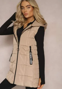Ciemnobeżowa Długa Kamizelka Pikowana z Wysokim Kołnierzem i Kapturem Pansi