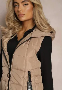 Ciemnobeżowa Długa Kamizelka Pikowana z Wysokim Kołnierzem i Kapturem Pansi