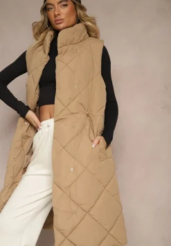 Ciemnobeżowa Długa Kamizelka z Pikowanymi Przeszyciami ze Stójką i Kieszeniami Avalithe