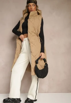 Ciemnobeżowa Długa Kamizelka z Pikowanymi Przeszyciami ze Stójką i Kieszeniami Avalithe