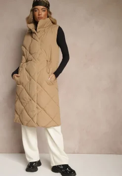 Ciemnobeżowa Długa Kamizelka z Pikowanymi Przeszyciami ze Stójką i Kieszeniami Avalithe