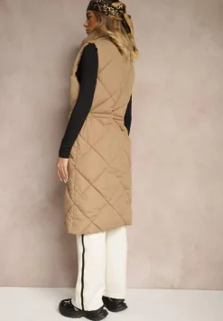 Ciemnobeżowa Długa Kamizelka z Pikowanymi Przeszyciami ze Stójką i Kieszeniami Avalithe