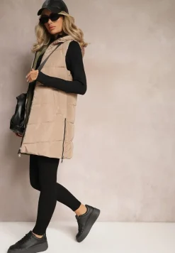 Ciemnobeżowa Długa Kamizelka Pikowana Dwustronna ze Sznurkami przy Kapturze Frenila