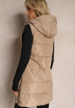 Ciemnobeżowa Długa Kamizelka Pikowana Dwustronna ze Sznurkami przy Kapturze Frenila