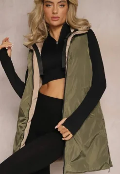 Ciemnobeżowa Długa Kamizelka Pikowana Dwustronna ze Sznurkami przy Kapturze Frenila