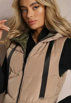 Ciemnobeżowa Długa Kamizelka Pikowana Dwustronna ze Sznurkami przy Kapturze Frenila