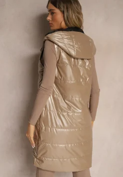Ciemnobeżowa Długa Kamizelka Pikowana z Naszywką i Kapturem Mevianis