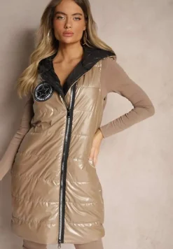 Ciemnobeżowa Długa Kamizelka Pikowana z Naszywką i Kapturem Mevianis