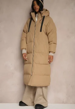 Ciemnobeżowa Długa Kurtka Pikowana Płaszcz z Kapturem Serea