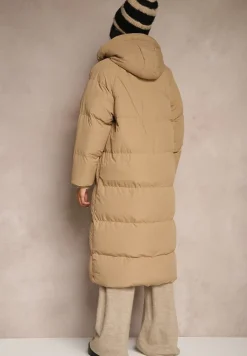 Ciemnobeżowa Długa Kurtka Pikowana Płaszcz z Kapturem Serea
