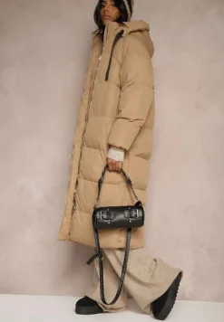 Ciemnobeżowa Długa Kurtka Pikowana Płaszcz z Kapturem Serea