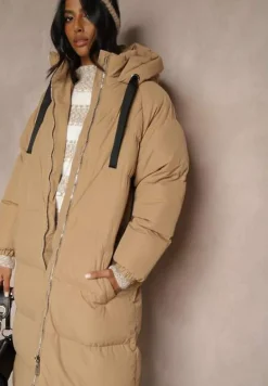 Ciemnobeżowa Długa Kurtka Pikowana Płaszcz z Kapturem Serea