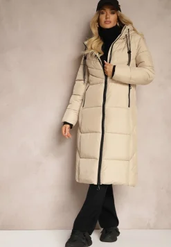 Ciemnobeżowa Długa Kurtka z Pikowanymi Przeszyciami Dwustronnym Suwakiem i Kapturem Fezilda