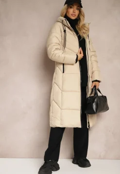 Ciemnobeżowa Długa Kurtka z Pikowanymi Przeszyciami Dwustronnym Suwakiem i Kapturem Fezilda