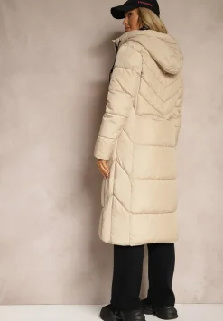 Ciemnobeżowa Długa Kurtka z Pikowanymi Przeszyciami Dwustronnym Suwakiem i Kapturem Fezilda