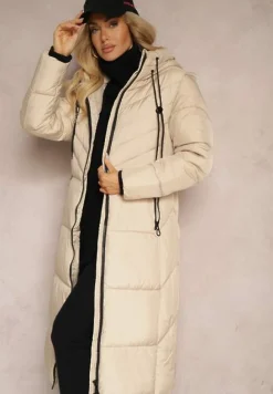 Ciemnobeżowa Długa Kurtka z Pikowanymi Przeszyciami Dwustronnym Suwakiem i Kapturem Fezilda