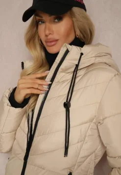 Ciemnobeżowa Długa Kurtka z Pikowanymi Przeszyciami Dwustronnym Suwakiem i Kapturem Fezilda