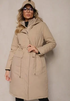 Ciemnobeżowa Długa Kurtka z Kieszeniami i Kapturem Podkreślająca Talię Tarindela