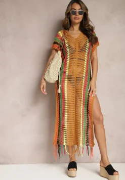 Ciemnobeżowa Długa Szydełkowa Sukienka Narzutka na Plażę w Paski z Wycięciami i Frędzlami Liretha