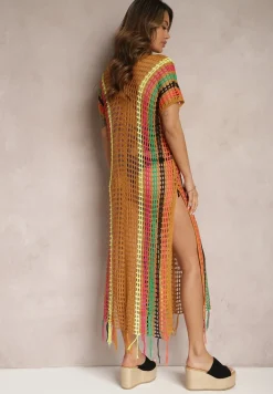Ciemnobeżowa Długa Szydełkowa Sukienka Narzutka na Plażę w Paski z Wycięciami i Frędzlami Liretha