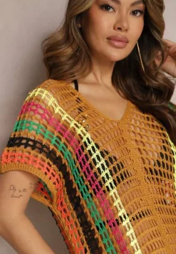 Ciemnobeżowa Długa Szydełkowa Sukienka Narzutka na Plażę w Paski z Wycięciami i Frędzlami Liretha