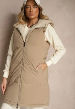 Ciemnobeżowa Dwustronna Kamizelka z Barankowym Futerkiem i Pikowanymi Przeszyciami z Kapturem Lertitana