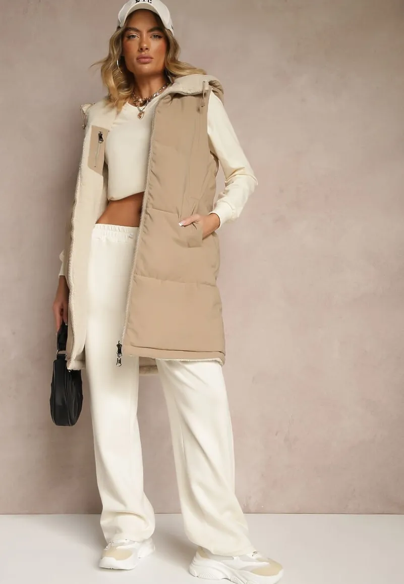 Ciemnobeżowa Dwustronna Kamizelka z Barankowym Futerkiem i Pikowanymi Przeszyciami z Kapturem Lertitana