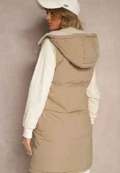 Ciemnobeżowa Dwustronna Kamizelka z Barankowym Futerkiem i Pikowanymi Przeszyciami z Kapturem Lertitana