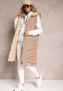 Ciemnobeżowa Dwustronna Kamizelka Pikowana z Futerkiem Madalan